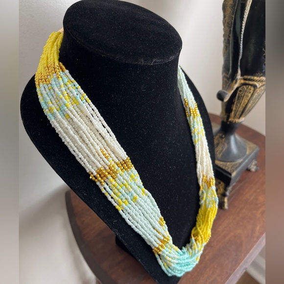 Seed bead necklace, 28”-31” multi strand yellow, light blue, & gold . NIP. - Picture 4 of 6